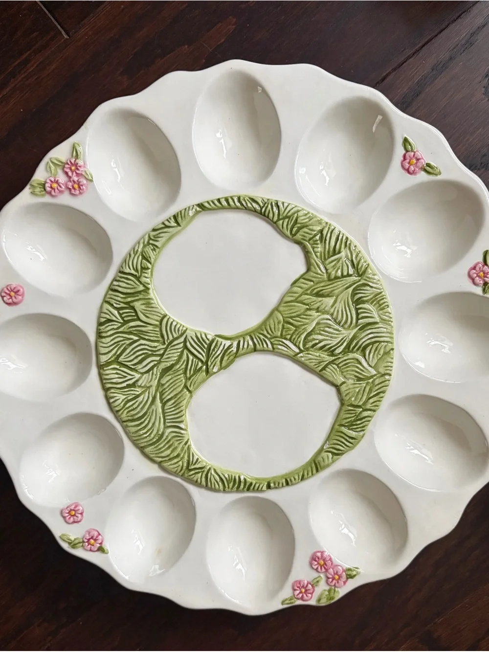 Ceramic Egg Serving Platter in White with Green Center and Pink Floral Accents
